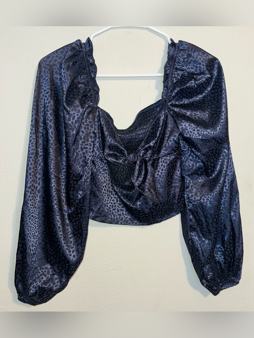 Dark Navy Animal Print Puff Sleeve Crop Top